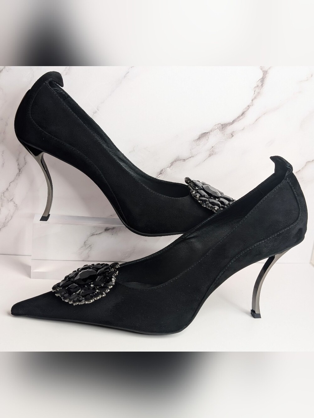 Jeffrey Campbell Parliament Black Suede Crystal Pointed Toe Pumps 8